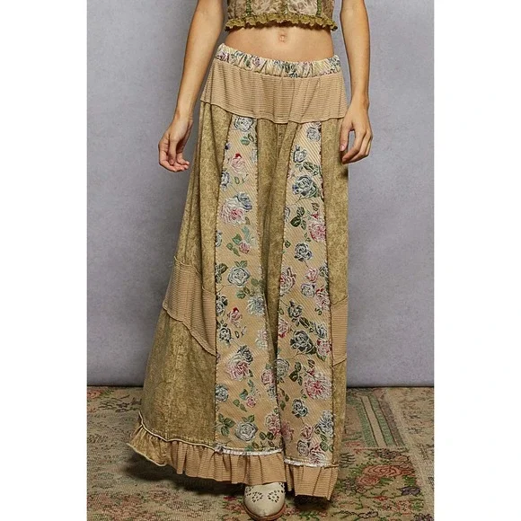 POL French Terry Patchwork Pants Ruffle Hem Floral Boho Acid Wash Tan Small - Picture 3 of 7